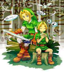 Rule 34 | 2boys, akibon, beamed quavers, belt, blonde hair, blue eyes, earrings, closed eyes, fairy, gloves, hat, holding sword, instrument, jewelry, link, male focus, multiple boys, musical note, navi, nintendo, ocarina, pointy ears, quaver, spoken musical note, sword, the legend of zelda, the legend of zelda: ocarina of time, time paradox, tree stump, weapon, young link