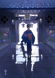 Rule 34 | 1girl, architecture, black legwear, blue kimono, brown hair, commentary request, earrings, east asian architecture, flower, gate, hair flower, hair ornament, highres, holding, japanese clothes, jewelry, kimono, lantern, light smile, long sleeves, looking at viewer, obi, original, outdoors, paper lantern, reflective floor, sandals, sash, solo, standing, tabi, ukumo uichi, umbrella
