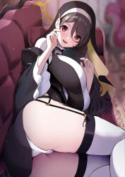 Rule 34 | 1girl, absurdres, ass, black dress, black hair, blue archive, blush, breasts, dress, habit, halo, highres, hinata (blue archive), large breasts, long hair, long sleeves, looking at viewer, nun, open mouth, panties, red eyes, sezok, smile, solo, thighhighs, underwear, white panties