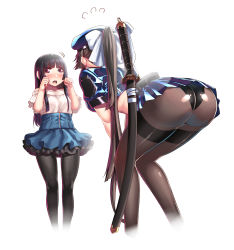 Rule 34 | 2girls, absurdres, age difference, alternate costume, animal ears, ass, azur lane, belt, bent over, black hair, black legwear, blunt bangs, bow, breasts, brown legwear, child, crying, crying with eyes open, eye contact, from behind, gloves, hair bow, hair ornament, hair ribbon, hands on own knees, hat, hiememiko, highres, hime cut, holding, holding sword, holding weapon, katana, leaning forward, long hair, looking at another, medium breasts, midriff, miniskirt, multiple girls, onee-loli, open mouth, pantyhose, police, police uniform, policewoman, ponytail, red eyes, ribbon, simple background, skirt, solo focus, standing, sword, takao (azur lane), tears, thigh gap, thighband pantyhose, thighs, uniform, weapon, white background