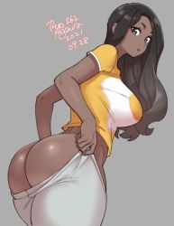 Rule 34 | 1girl, 2021, :o, agawa ryou, artist name, ass, black hair, blouse, breasts, brown eyes, brown hair, butt crack, clothes pull, commentary, cowboy shot, dark-skinned female, dark skin, dated, dressing, english commentary, flipped hair, from behind, grey background, large breasts, long hair, looking at viewer, looking back, multicolored hair, no panties, numbered, open mouth, original, pants, pants pull, parted lips, print shirt, shirt, short eyebrows, short sleeves, simple background, solo, thick thighs, thighs, two-tone hair, yellow shirt