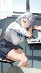 Rule 34 | 1girl, black skirt, braid, breasts, chair, commentary request, curtains, grey hair, highres, hololive, kobayashi (jna x rgh), large breasts, on chair, one eye closed, plaid, plaid skirt, shirogane noel, shirogane noel (school uniform), shirt, short hair, sitting, skirt, solo, thighs, virtual youtuber, white shirt, window