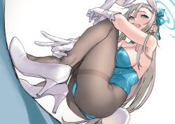 Rule 34 | 1girl, animal ears, aqua leotard, armpits, ass, asuna (blue archive), asuna (bunny) (blue archive), bare shoulders, blue archive, blue bow, blue bowtie, blue eyes, blue leotard, blue ribbon, blush, bow, bowtie, breasts, brown pantyhose, detached collar, fake animal ears, fake tail, from below, gloves, hair ribbon, halo, high heels, highleg, highleg leotard, highres, large breasts, leotard, light brown hair, long hair, looking at viewer, official alternate costume, open mouth, pantyhose, playboy bunny, rabbit ears, rabbit tail, ribbon, sameda koban, smile, solo, squatting, strapless, strapless leotard, tail, thighband pantyhose, traditional bowtie, v, white footwear, white gloves
