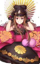 Rule 34 | 1girl, :d, arms up, back bow, bare shoulders, black cola, black dress, black gloves, black hat, black pantyhose, bow, brown hair, chacha (fate), cowboy shot, dress, fate/grand order, fate (series), fur-trimmed dress, fur-trimmed gloves, fur trim, gloves, grin, hat, highres, large bow, long hair, looking at viewer, open mouth, pantyhose, pink bow, pink ribbon, pom pom (clothes), purple eyes, ribbon, sash, simple background, sleeveless, sleeveless dress, smile, solo, tareme, teeth, v-shaped eyebrows, white background
