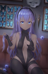 Rule 34 | 1girl, absurdres, alternate hair length, alternate hairstyle, bare shoulders, black hairband, blue butterfly, blue eyes, blush, breasts, bug, butterfly, closed mouth, dark-skinned female, dark skin, dot mouth, fate/grand order, fate/prototype, fate/prototype: fragments of blue and silver, fate (series), flower, hairband, hassan of serenity (fate), highres, hiyoko (kokeko), holding, holding own hair, indoors, insect, knife, long hair, looking at viewer, mask, medium breasts, navel, purple hair, skull mask, solo, weapon