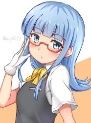 Rule 34 | 1girl, blouse, blue eyes, blue hair, bow, bowtie, commentary request, gloves, grey vest, hatsukaze (kancolle), kantai collection, long hair, looking at viewer, piyobomu, red-framed eyewear, school uniform, shirt, solo, twitter username, two-tone background, upper body, vest, white background, white gloves, white shirt, yellow background, yellow bow, yellow bowtie