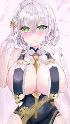 Rule 34 | 1girl, absurdres, azur lane, between breasts, black dress, blush, breast curtains, breasts, cleavage, cowboy shot, dress, finger to mouth, flower, gloves, green eyes, hair between eyes, hair flower, hair ornament, hands up, highres, large breasts, looking at viewer, medium hair, mile (off8mile), necktie, necktie between breasts, parted lips, rose, signature, silver hair, sirius (azur lane), sirius (azure horizons) (azur lane), solo, virtual youtuber, white gloves, wide hips, yellow flower, yellow rose