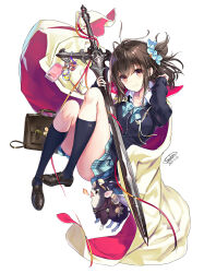 Rule 34 | 1girl, black jacket, black socks, blue bow, blue bowtie, bow, bowtie, brown eyes, brown hair, cape, chihuahua, collared shirt, commentary request, dated, fantasy, full body, highres, holding, holding sword, holding weapon, invisible chair, jacket, kneehighs, knees up, loafers, long sleeves, looking at viewer, one side up, original, plaid, plaid bow, plaid bowtie, red cape, sanbasou, school uniform, shirt, shoes, sideless dress, signature, simple background, sitting, smile, socks, solo, sword, thighs, two-sided cape, two-sided fabric, uniform, weapon, white background, white cape, white shirt