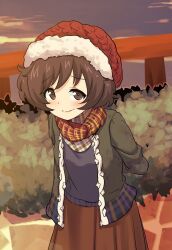 Rule 34 | 1girl, akiyama yukari, arms behind back, blush, brown dress, brown eyes, brown hair, coat, commentary request, dress, fur-trimmed headwear, fur trim, girls und panzer, green coat, guard rail, highres, leaf print, long sleeves, looking at viewer, messy hair, open clothes, open coat, outdoors, plaid, plaid scarf, red headwear, red scarf, scarf, shiina excel, short hair, sky, smile, solo, standing, upper body, wavy mouth, winter clothes, yellow scarf