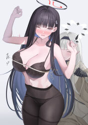 Rule 34 | 2girls, bare arms, bare shoulders, black bra, black gloves, black hair, black pantyhose, blue archive, blush, bra, breasts, cleavage, closed eyes, closed mouth, collarbone, commentary request, gloves, grey background, grey hair, halo, hands up, highres, himari (blue archive), large breasts, long hair, multiple girls, navel, open mouth, pantyhose, pointy ears, red eyes, rio (blue archive), shougun (chuckni1), smile, thighband pantyhose, thighs, underwear