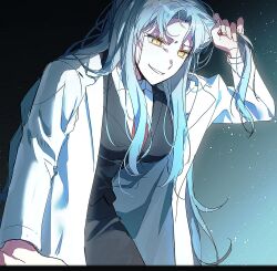 Rule 34 | 1girl, angela (project moon), black skirt, black vest, blue hair, coat, collared shirt, hair tie, highres, holding, holding own hair, lab coat, light, light particles, lobotomy corporation, long hair, long sleeves, looking to the side, necktie, one side up, project moon, red necktie, shirt, skirt, solo, tkylv1683, untying hair, unusually open eyes, very long hair, vest, white coat, white shirt, wing collar, yellow eyes