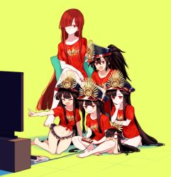 Rule 34 | 1boy, 4girls, bad id, bad pixiv id, barefoot, black hair, black headwear, blush, breasts, buster shirt, chibi, closed mouth, collarbone, controller, crest, crossed legs, famicom, famicom gamepad, family crest, fate/grand order, fate (series), game console, game controller, grey shorts, hair between eyes, hair over one eye, hat, indian style, kneeling, kodamari, koha-ace, large breasts, long hair, medium breasts, multiple girls, multiple persona, navel, nintendo, oda kippoushi (fate), oda nobunaga (fate), oda nobunaga (koha-ace), oda nobunaga (maou avenger) (fate), oda nobunaga (swimsuit berserker) (fate), oda nobunaga (swimsuit berserker) (first ascension) (fate), oda nobunaga (swimsuit berserker) (second ascension) (fate), oda uri, open mouth, peaked cap, playing games, pointing, ponytail, red eyes, red hair, red shirt, shirt, short sleeves, shorts, sidelocks, simple background, sitting, smile, t-shirt, television, tied shirt, yellow background