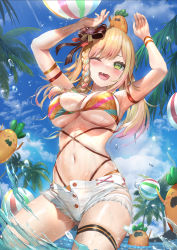 Rule 34 | 1girl, ;d, arms up, ball, beachball, bikini, blonde hair, blue sky, blush, bow, breasts, brown bow, cleavage, cloud, cowboy shot, creature on head, day, fang, green eyes, hair bow, himonoata, hololive, large breasts, long hair, micro shorts, momosuzu nene, multicolored hair, navel, nekko (momosuzu nene), one eye closed, open mouth, outdoors, palm tree, pink hair, shorts, sky, smile, solo, standing, stomach, streaked hair, striped bikini, striped clothes, swimsuit, thigh strap, tree, virtual youtuber, wading, white shorts