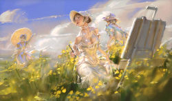 Rule 34 | 3girls, absurdres, backlighting, bare shoulders, breasts, brown hair, canvas (object), cleavage, cloud, cloudy sky, day, dress, earrings, easel, field, flower, flower field, hair bun, hat, highres, holding, holding paintbrush, holding umbrella, jewelry, medium breasts, multiple girls, original, paintbrush, painting (object), parasol, revealing clothes, short hair, sky, solo focus, sun hat, sundress, umbrella, white dress, xia yu
