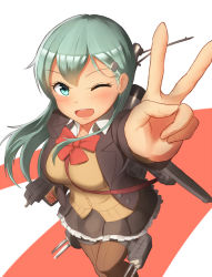 Rule 34 | 10s, 1girl, ;d, aqua eyes, aqua hair, between breasts, blazer, breasts, brown skirt, brown thighhighs, cardigan, foreshortening, frilled skirt, frills, hair ornament, hairclip, jacket, kantai collection, long hair, looking at viewer, machinery, maku ro, one eye closed, open mouth, pleated skirt, remodel (kantai collection), school uniform, skirt, smile, solo, standing, standing on one leg, strap between breasts, suzuya (kancolle), thighhighs, v