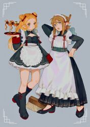 Rule 34 | 1boy, 1girl, :o, alternate costume, apron, black dress, black footwear, blonde hair, blush stickers, breasts, broom, cleavage, closed mouth, crossdressing, double bun, dress, enmaided, glass, grey background, hair bun, hair ribbon, highres, holding, holding tray, link, long sleeves, maid, maid apron, male maid, medium breasts, nintendo, pointy ears, princess zelda, red ribbon, ribbon, short dress, simple background, teeth, the legend of zelda, tray, turippy, upper teeth only, white apron