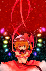 Rule 34 | 1girl, adapted costume, bad id, bad pixiv id, blouse, bonnet, dress, female focus, flandre scarlet, gradient background, hair between eyes, hat, kitsuta, kizuta, mob cap, red background, red eyes, red shirt, ribbon, shirt, solo, touhou, white hat, wings