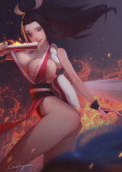 Rule 34 | 1girl, absurdres, breasts, fatal fury, fire, highres, large breasts, ponytail, shiranui mai, signature, solo