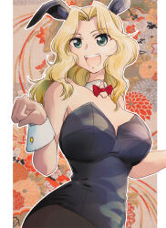 Rule 34 | 1girl, :d, animal ears, bare shoulders, black leotard, blonde hair, bow, bowtie, breasts, cleavage, commentary request, detached collar, fake animal ears, fishnet pantyhose, fishnets, girls und panzer, green eyes, hair intakes, kay (girls und panzer), large breasts, leotard, looking at viewer, nakasawa kei, open mouth, pantyhose, smile