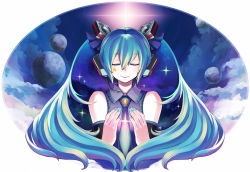 Rule 34 | 1girl, blue hair, blue nails, chan co, closed eyes, hatsune miku, headset, long hair, nail polish, necktie, planet, smile, solo, sparkle, star (symbol), twintails, vocaloid
