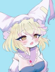 Rule 34 | 1girl, :o, adapted costume, animal ears, animal hat, bare shoulders, blonde hair, blue background, blue dress, breasts, cleavage, detached sleeves, dress, fang, fox ears, frills, hat, highres, large breasts, mob cap, open mouth, mob cap, renakobonb, short hair, simple background, skin fang, solo, touhou, upper body, yakumo ran, yellow eyes