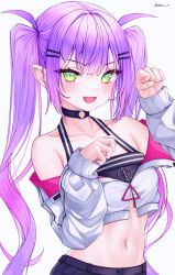 Rule 34 | 1girl, :d, absurdres, black choker, choker, collarbone, crop top, ear piercing, fang, green eyes, hair ornament, hairclip, highres, hololive, long hair, long sleeves, midriff, navel, navel piercing, open mouth, paw pose, piercing, pink hair, signature, simple background, smile, solo, standing, stomach, tokoyami towa, twintails, very long hair, vini (frisco), virtual youtuber, white background