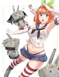 Rule 34 | 2girls, arm up, armpits, black neckerchief, black panties, black ribbon, blue eyes, blue sailor collar, blue skirt, buttons, cosplay, crop top, double-breasted, elbow gloves, gloves, go-toubun no hanayome, green hairband, hairband, headphones, highleg, highleg panties, highres, june (ne z asa), kantai collection, looking at viewer, microskirt, midriff, military uniform, multiple girls, nakano ichika, nakano itsuki, nakano miku, nakano nino, navel, neckerchief, open mouth, orange hair, panties, pink hair, rensouhou-chan, rensouhou-chan (cosplay), ribbon, rudder footwear, sailor collar, salute, shimakaze (kancolle), shimakaze (kancolle) (cosplay), short hair, skirt, striped clothes, striped thighhighs, thighhighs, underwear, uniform, white background, white gloves