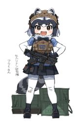 Rule 34 | 1girl, ammunition box, animal ears, bandaid, black bow, black bowtie, black footwear, black gloves, black pantyhose, black skirt, blue sweater, blush, bow, bowtie, brown eyes, commentary request, common raccoon (kemono friends), ears through headwear, elbow gloves, explosive, fang, full body, fur collar, gloves, grenade, grey hair, grey pantyhose, gun, hands on own hips, helmet, highres, japari symbol, kemono friends, loafers, multicolored clothes, multicolored hair, multicolored legwear, open mouth, pantyhose, pleated skirt, puffy short sleeves, puffy sleeves, raccoon ears, raccoon girl, raccoon tail, shoes, short hair, short sleeves, skirt, smile, solo, spawnfoxy, sweater, tactical clothes, tail, translation request, weapon, white fur, white gloves, white hair, white pantyhose