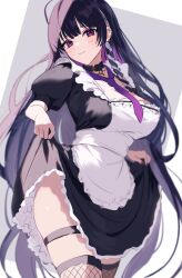Rule 34 | 1girl, belt collar, black hair, blunt bangs, blurry, breasts, cleavage, closed mouth, clothes lift, collar, cowboy shot, depth of field, fishnet thighhighs, fishnets, hell fuuna, highres, large breasts, long hair, looking at viewer, maid, makeup, mascara, meloco kyoran, multicolored hair, necktie, nijisanji, nijisanji en, purple eyes, purple hair, purple necktie, short sleeves, simple background, skirt, skirt lift, smile, solo, square neckline, thigh strap, thighhighs, two-tone hair, very long hair, virtual youtuber, xsoleil, zettai ryouiki