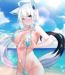 Rule 34 | 1girl, absurdres, ahoge, alternate breast size, animal ears, aqua eyes, beach, blush, braid, breasts, fox ears, fox girl, fox tail, heart, heart-shaped boob challenge, heart hands, highres, hololive, large breasts, long hair, looking at viewer, navel, seisui bar, shiny skin, shirakami fubuki, side braid, slingshot swimsuit, smile, solo, standing, stomach, sweat, swimsuit, tail, virtual youtuber, white hair