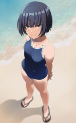 Rule 34 | 1girl, arms behind back, beach, black hair, blurry, competition school swimsuit, day, depth of field, from above, mattaku mousuke, ocean, original, outdoors, sandals, school swimsuit, shirt tan, short hair, solo, swimsuit, tan, tanline, watermark