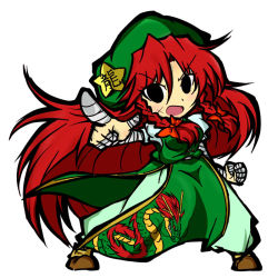 Rule 34 | &gt;:o, 1girl, :o, bad id, bad pixiv id, bandaged arm, bandages, beret, black eyes, braid, chibi, chinese clothes, clenched hand, dragon print, hat, hong meiling, long hair, open mouth, pants, pants under skirt, pointing, pointing at viewer, puffy short sleeves, puffy sleeves, red hair, red zero-doo (and hagure), scar, serious, short sleeves, side slit, simple background, skirt, skirt set, solo, star (symbol), tangzhuang, touhou, twin braids, v-shaped eyebrows, very long hair, white background