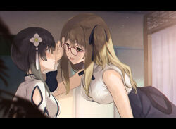 Rule 34 | 2girls, adjusting eyewear, arm cutout, arms at sides, assault lily, bare shoulders, black hair, black ribbon, black skirt, blurry, blurry foreground, breasts, brown hair, chromatic aberration, clothing cutout, collared shirt, commentary request, curtains, detached sleeves, eye contact, face-to-face, flower, frilled sleeves, frills, from side, glasses, green eyes, hair between eyes, hair flower, hair ornament, hair ribbon, hand up, heterochromia, high-waist skirt, highres, indoors, kuo shenlin, leaning forward, letterboxed, light blush, light particles, long hair, looking at another, medium breasts, multiple girls, navel, neck ribbon, nuenue, one side up, parted lips, profile, red-framed eyewear, red eyes, ribbon, school uniform, shade, shirt, short sleeves, sidelocks, skirt, sleeveless, sleeveless shirt, smile, standing, tassel, tassel hair ornament, upper body, wang yujia, white flower, white shirt, yellow eyes, yurigaoka girls academy school uniform
