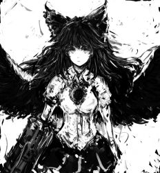 Rule 34 | 1girl, absurdres, arms at sides, bird wings, bow, breasts, collared shirt, control rod, facing viewer, feathered wings, floating hair, greyscale, hair bow, highres, long hair, looking at viewer, medium breasts, merpperoni, monochrome, reiuji utsuho, shirt, short sleeves, simple background, skirt, solo, spread wings, third eye, touhou, white background, wings