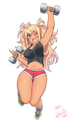 Rule 34 | black tank top, blonde hair, breasts, commentary request, curvy, dark-skinned female, dark skin, dated, dumbbell, dumbbell nan kilo moteru?, exercising, fang, full body, green eyes, gyaru, highres, hori shin, large breasts, long hair, navel, open mouth, red shorts, sakura hibiki, shoes, shorts, signature, sneakers, solo, tan, tank top, twintails, weightlifting, white background