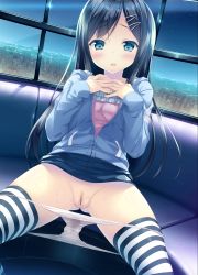 Rule 34 | 1girl, absurdres, asaka ushio, black hair, blue eyes, blush, clitoris, decensored, ferris wheel, hair ornament, hairclip, hands together, highres, hood, hooded jacket, jacket, long hair, looking at viewer, ouchi ni kaeru made ga mashimaro desu, panties, panty pull, pussy, pussy juice stain, skirt, skyline, spread legs, stained panties, striped clothes, striped thighhighs, thighhighs, third-party edit, underwear, white panties