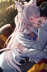 1boy 1girl akira_(blue_archive) animal_ears blue_archive breast_press cat_ears cat_girl cat_tail gloves jacket oiru_(613) pants red_eyes shirt tail tongue tongue_out white_gloves white_hair white_jacket white_pants white_shirt