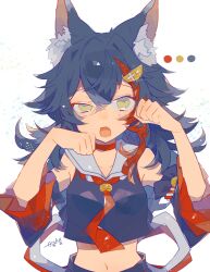 Rule 34 | 1girl, animal ear fluff, animal ears, auko, black hair, black shirt, choker, color guide, commentary request, crop top, detached sleeves, highres, hololive, long hair, looking at viewer, messy hair, multicolored hair, navel, necktie, ookami mio, ookami mio (1st costume), open mouth, paw pose, red choker, red hair, red necktie, sailor collar, shirt, signature, simple background, solo, stomach, streaked hair, upper body, virtual youtuber, white background, white sailor collar, wolf ears, wolf girl, yellow eyes