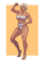 Rule 34 | 1girl, abs, absurdres, arm up, bandages, biceps, breasts, budget sarashi, chest sarashi, cirenk, collarbone, dark-skinned female, dark skin, female focus, full body, grin, hair over one eye, hand on own hip, highres, huge breasts, looking at viewer, mawashi, muscular, muscular female, parted lips, pointing, pointing at self, sarashi, shiny skin, short hair, skindentation, smile, solo, standing, thick thighs, thighs, underwear