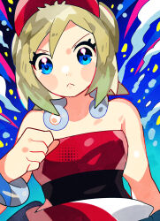 Rule 34 | 1girl, :&lt;, anidler91, bare shoulders, blonde hair, blue background, blue eyes, clenched hand, closed mouth, creatures (company), eyelashes, game freak, hairband, highres, irida (pokemon), looking at viewer, nintendo, pokemon, pokemon legends: arceus, red hairband, red shirt, shirt, short hair, solo, strapless, strapless shirt, upper body