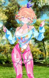 Rule 34 | 1girl, absurdres, blue shirt, blush, breasts, cleavage, cropped shirt, green hair, gurumie, highres, holding jump rope, hololive, hololive english, leotard, long hair, multicolored hair, official alternate costume, orange hair, pants, pink pants, purple eyes, shirt, smile, solo, streaked hair, takanashi kiara, takanashi kiara (7th costume), virtual youtuber, white leotard