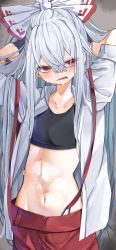 Rule 34 | 1girl, absurdres, bow, cowboy shot, crop top, duplicate, fujiwara no mokou, hair bow, hand in own hair, highres, long hair, long sleeves, looking at viewer, navel, open clothes, open mouth, open shirt, pants, red eyes, red pants, shirt, solo, standing, stomach, suspenders, sweat, touhou, tsune (tune), white hair, white shirt