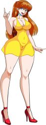 Rule 34 | 1girl, absurdres, alcione makoto, alternate breast size, bare legs, blue eyes, breasts, brown hair, covered navel, curvy, dress, earrings, hair ornament, highres, jewelry, large breasts, long hair, looking at viewer, micro panties, miniskirt, neon genesis evangelion, no bra, open mouth, panties, see-through, see-through dress, shiny skin, short dress, skirt, solo, souryuu asuka langley, standing, sundress, two side up, underwear, very long hair, white background, wide hips, yellow dress