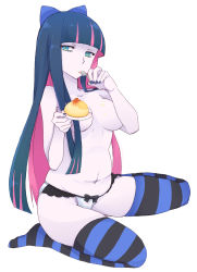 Rule 34 | 10s, 1girl, bad id, bad pixiv id, belly, blue eyes, blue hair, blue nails, breasts, colored inner hair, eating, food, highres, lace, lace-trimmed panties, lace trim, long hair, matching hair/eyes, medium breasts, multicolored hair, nail polish, navel, pale skin, panties, panty &amp; stocking with garterbelt, plump, pudding, simple background, sitting, solo, spoon, stocking (psg), striped clothes, striped thighhighs, thighhighs, topless, tsumura chita, underwear, wariza, white background
