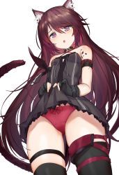 Rule 34 | :o, absurdres, animal ear fluff, animal ears, arknights, arm ribbon, armband, bare shoulders, black dress, black gloves, blush, bow, bow panties, breasts, clothes lift, collarbone, cowboy shot, dress, dress lift, gloves, highres, lifted by self, long hair, looking at viewer, material growth, melantha (arknights), oooomiga, oripathy lesion (arknights), panties, partially fingerless gloves, purple eyes, purple hair, red panties, ribbon, sidelocks, simple background, small breasts, tail, thigh strap, thighhighs, underwear, white background