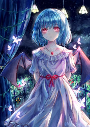Rule 34 | 1girl, absurdres, alternate costume, arms behind back, backlighting, bat wings, blue dress, blue hair, blush, bow, bug, butterfly, collarbone, curtains, dress, frilled dress, frills, highres, insect, jewelry, looking at viewer, medium hair, necklace, night, night sky, no headwear, parted lips, red bow, red eyes, remilia scarlet, short sleeves, sky, solo, standing, suzushina, touhou, wings