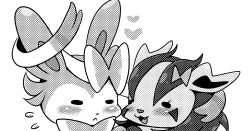 Rule 34 | 2girls, animal ears, blush, bow, chibi, creatures (company), dog ears, eye contact, fangs, female focus, flying sweatdrops, furry, furry female, game freak, gen 3 pokemon, gen 6 pokemon, greyscale, happy, heart, highres, looking at another, mightyena, monochrome, multiple girls, negoya, nintendo, open mouth, pokemon, pokemon (creature), pokemon rse, pokemon xy, simple background, smile, sylveon, teeth, white background