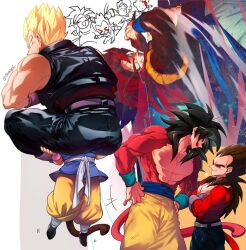 Rule 34 | 3boys, age difference, black hair, body fur, child, dougi, dragon ball, dragon ball gt, fusion, fusion dance, gogeta, hands on own hips, height difference, lifting person, monkey boy, monkey tail, multiple boys, muscular, muscular male, ommmyoh, red fur, red hair, size difference, son goku, spiked hair, super saiyan, super saiyan 4, tail, vegeta