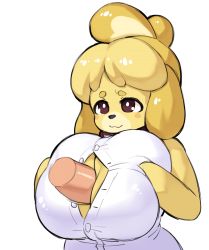 Rule 34 | 1girl, :3, animal crossing, animal ears, bare shoulders, blonde hair, blush stickers, borvar, breast hold, breasts, breasts squeezed together, brown eyes, closed mouth, collar, disembodied penis, dog ears, dog girl, erection, furry, furry female, hands up, happy, highres, huge breasts, isabelle (animal crossing), nintendo, open clothes, open shirt, paizuri, penis, shirt, short hair, simple background, sleeveless, sleeveless shirt, smile, solo, topknot, unbuttoned, upper body, white shirt