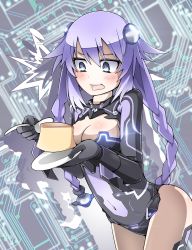 Rule 34 | 1girl, blue eyes, blush, braid, breasts, cleavage cutout, clothing cutout, covered navel, drop shadow, eating, food, gloves, hair ornament, highres, leotard, long hair, neon trim, neptune (neptunia), neptune (series), open mouth, power symbol, power symbol-shaped pupils, pudding, purple hair, purple heart (neptunia), solo, symbol-shaped pupils, twin braids, very long hair